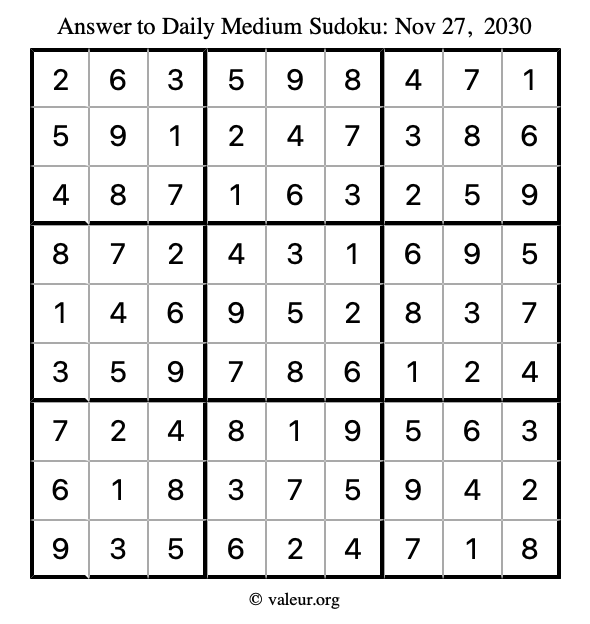 Answer to medium sudoku November 27, 2030
