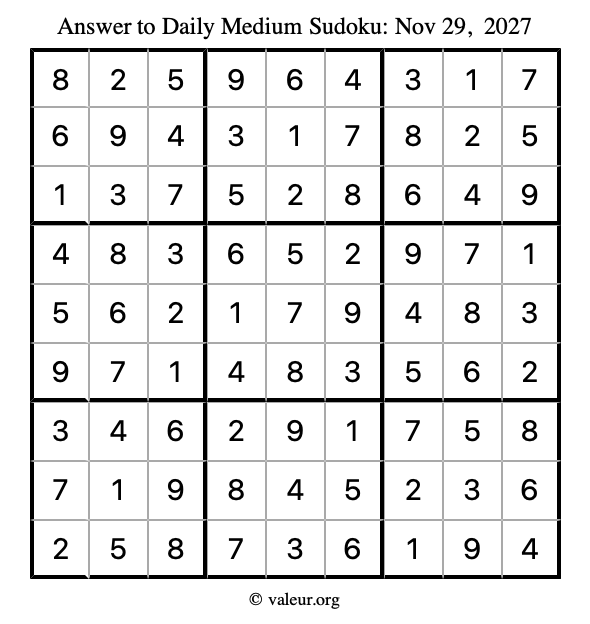 Answer to medium sudoku November 29, 2027