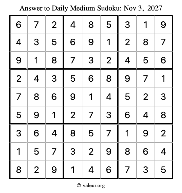 Answer to medium sudoku November 3, 2027