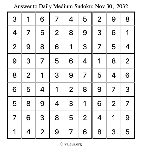 Answer to medium sudoku November 30, 2032