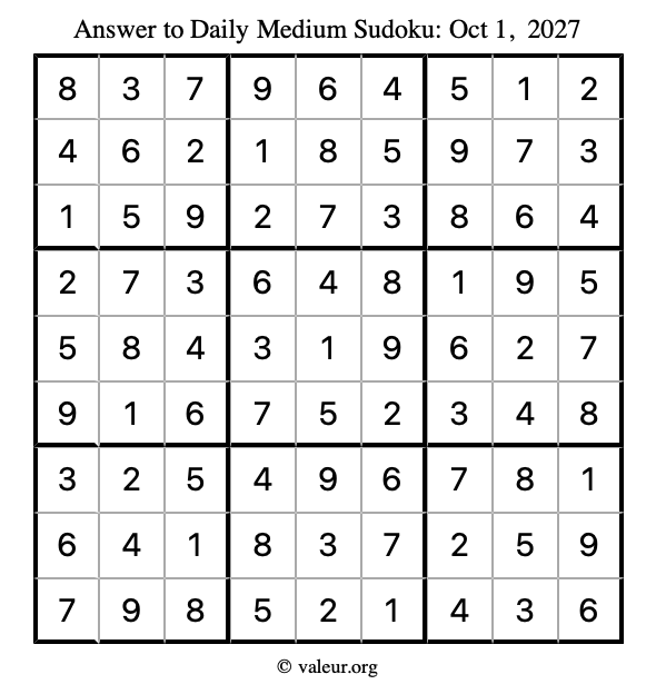 Answer to medium sudoku October 1, 2027