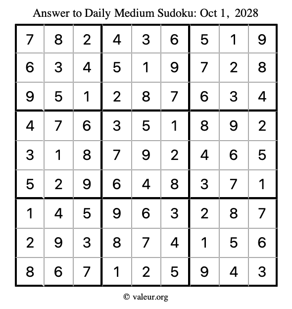 Answer to medium sudoku October 1, 2028