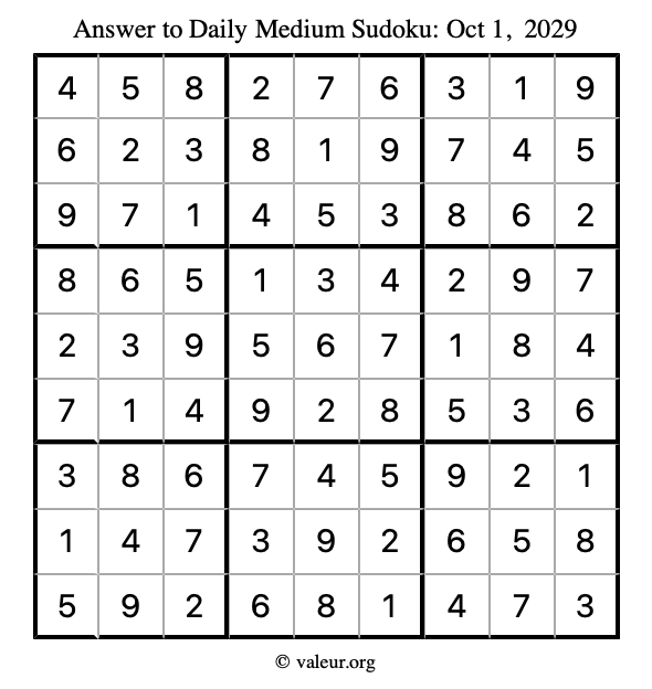Answer to medium sudoku October 1, 2029