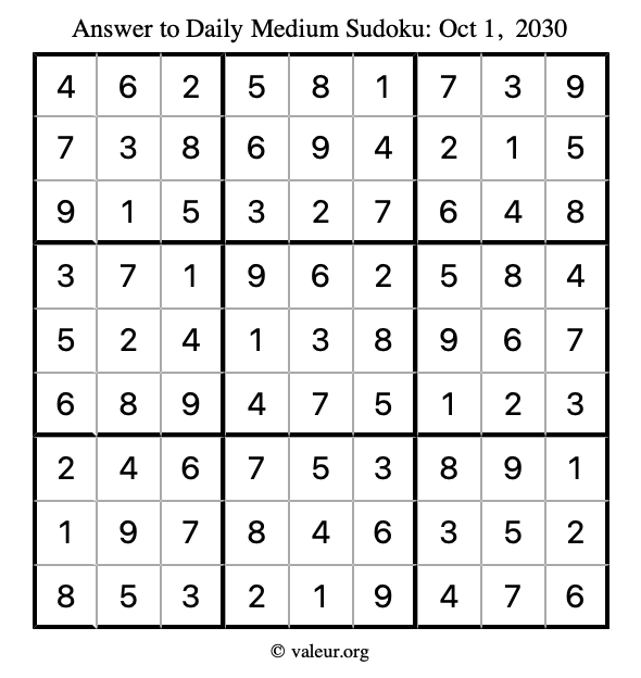 Answer to medium sudoku October 1, 2030
