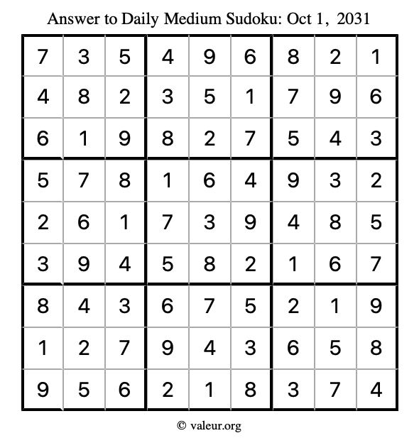 Answer to medium sudoku October 1, 2031