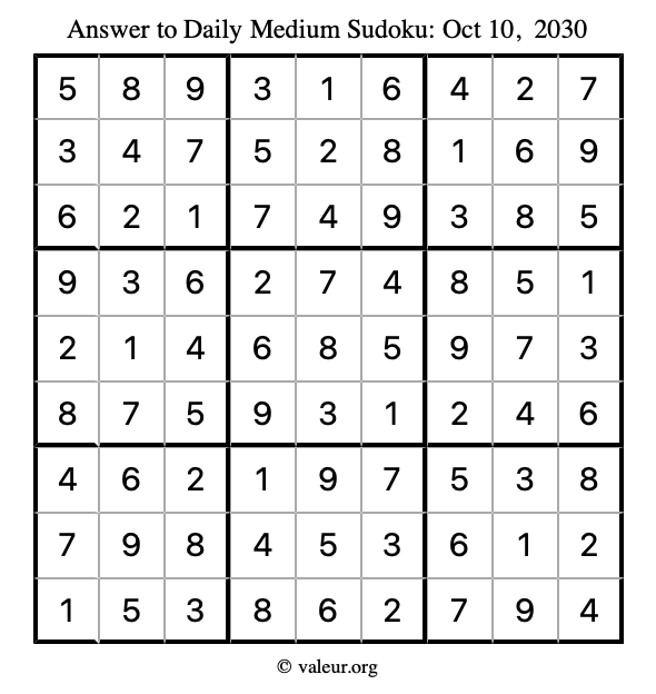 Answer to medium sudoku October 10, 2030
