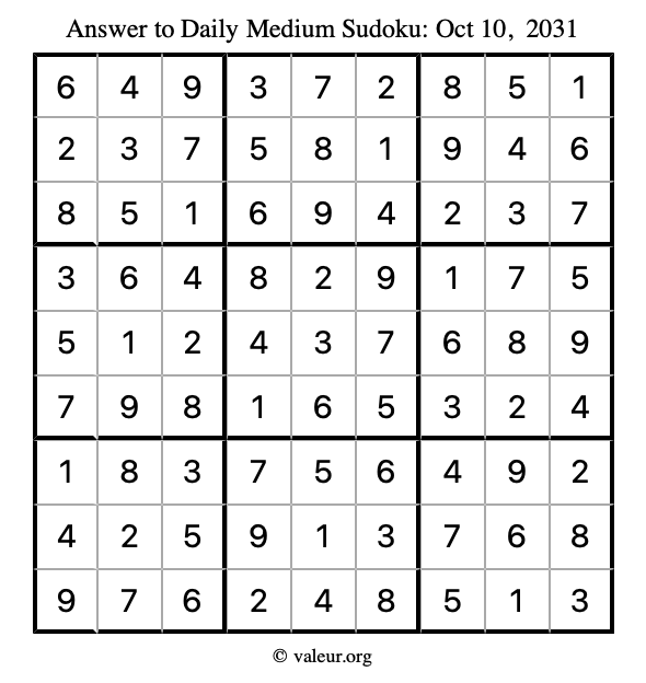Answer to medium sudoku October 10, 2031