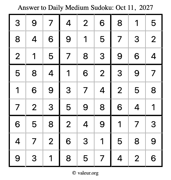 Answer to medium sudoku October 11, 2027