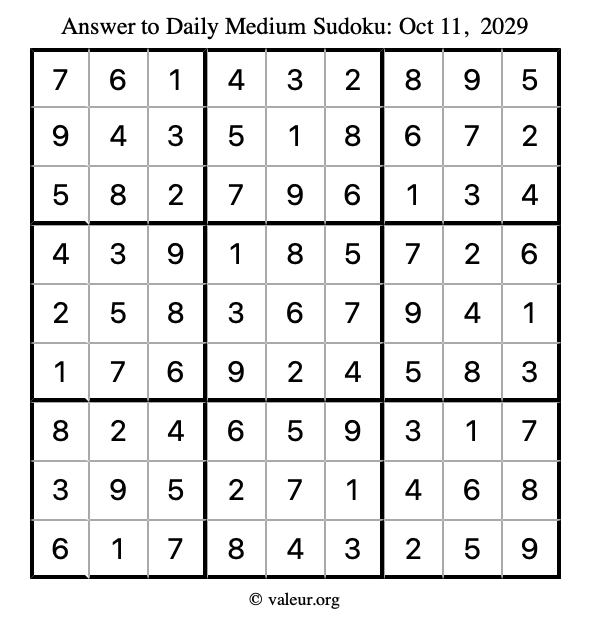 Answer to medium sudoku October 11, 2029
