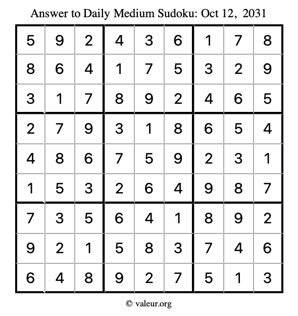 Answer to medium sudoku October 12, 2031