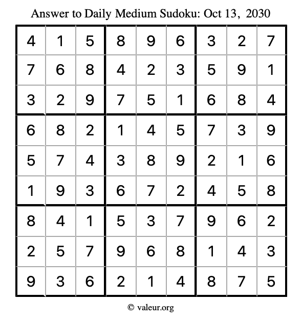 Answer to medium sudoku October 13, 2030