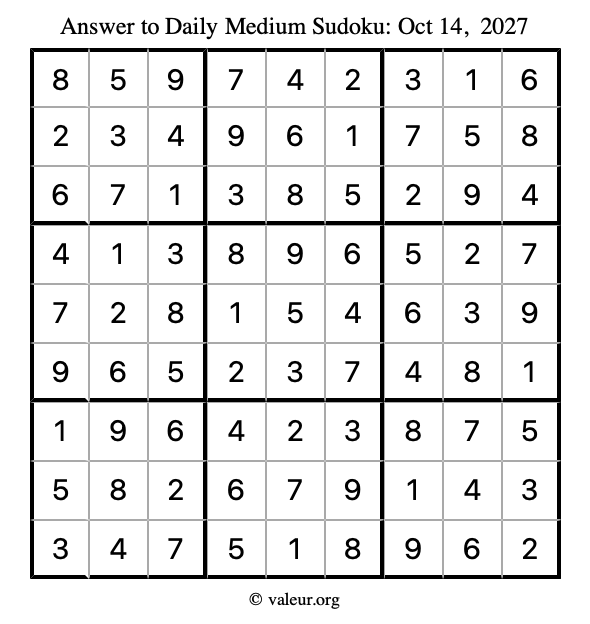 Answer to medium sudoku October 14, 2027