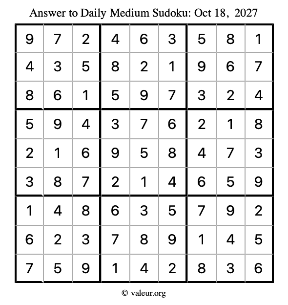 Answer to medium sudoku October 18, 2027