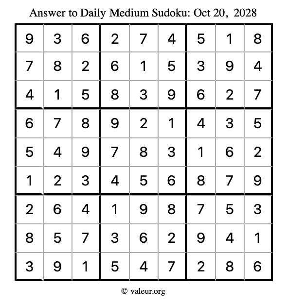 Answer to medium sudoku October 20, 2028