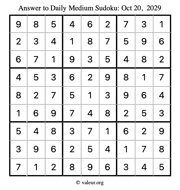 Answer to medium sudoku October 20, 2029