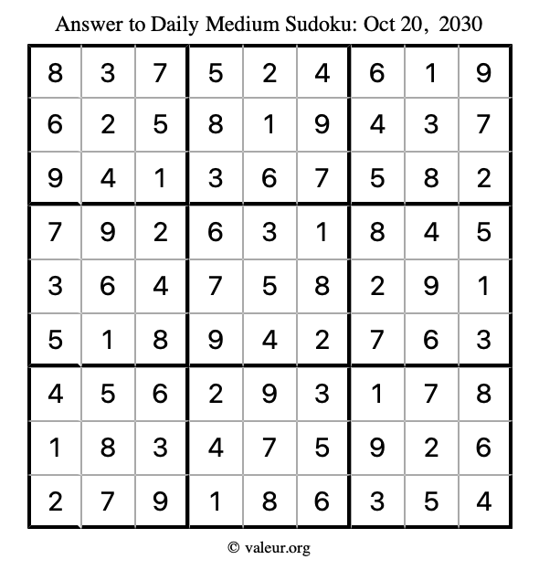 Answer to medium sudoku October 20, 2030