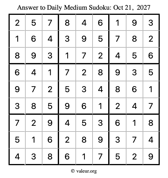Answer to medium sudoku October 21, 2027
