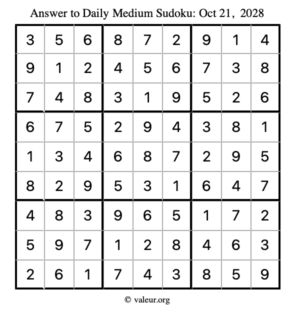 Answer to medium sudoku October 21, 2028