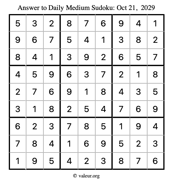 Answer to medium sudoku October 21, 2029
