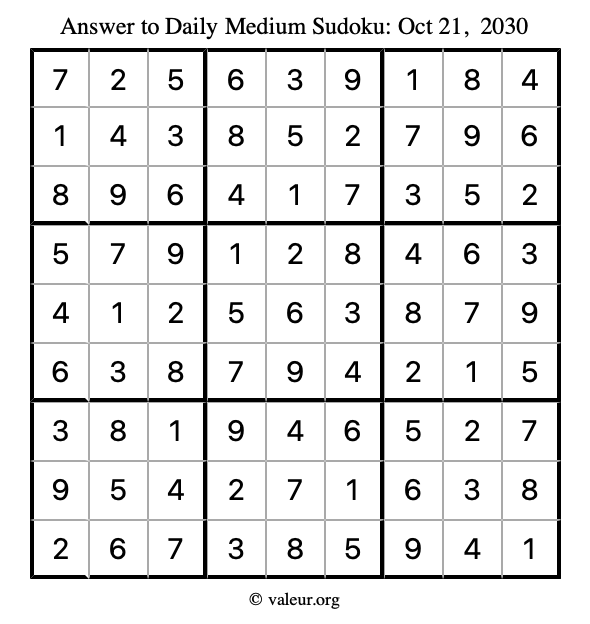 Answer to medium sudoku October 21, 2030