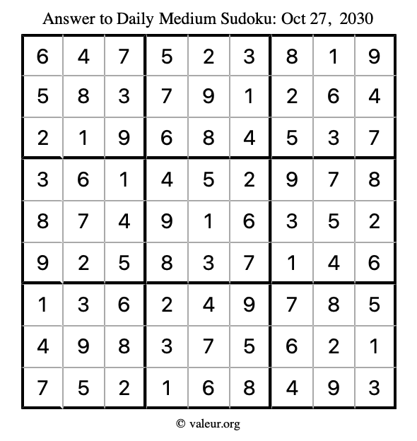 Answer to medium sudoku October 27, 2030