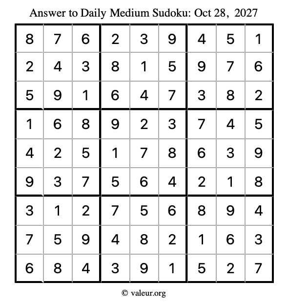 Answer to medium sudoku October 28, 2027