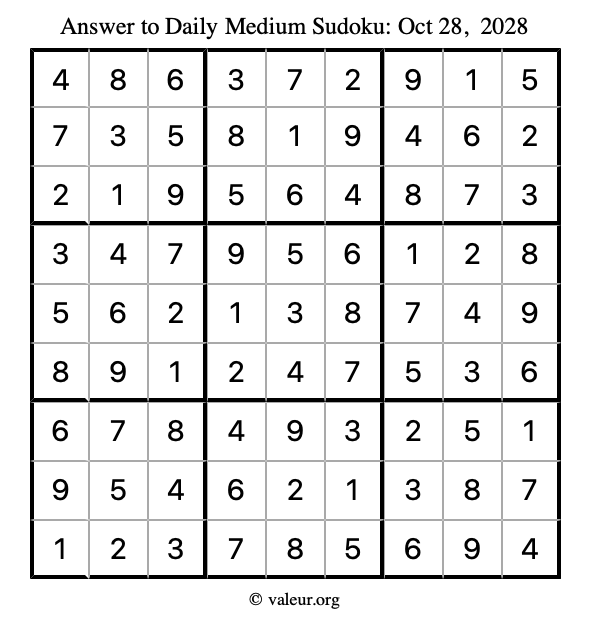 Answer to medium sudoku October 28, 2028