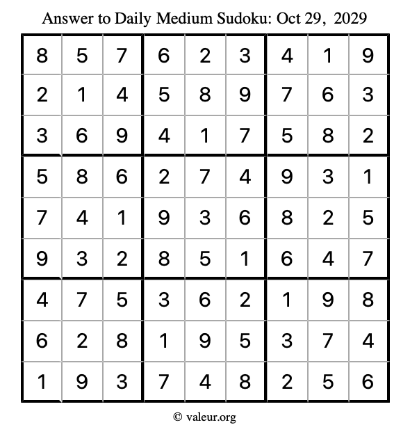 Answer to medium sudoku October 29, 2029