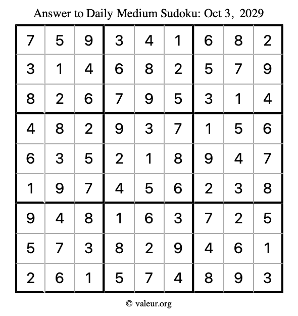 Answer to medium sudoku October 3, 2029