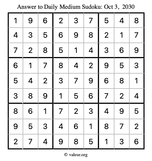 Answer to medium sudoku October 3, 2030