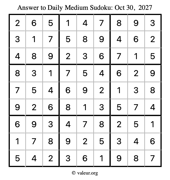 Answer to medium sudoku October 30, 2027