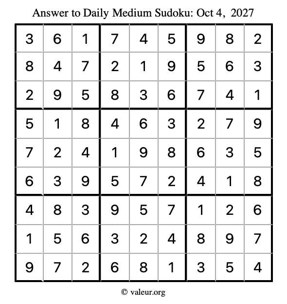 Answer to medium sudoku October 4, 2027