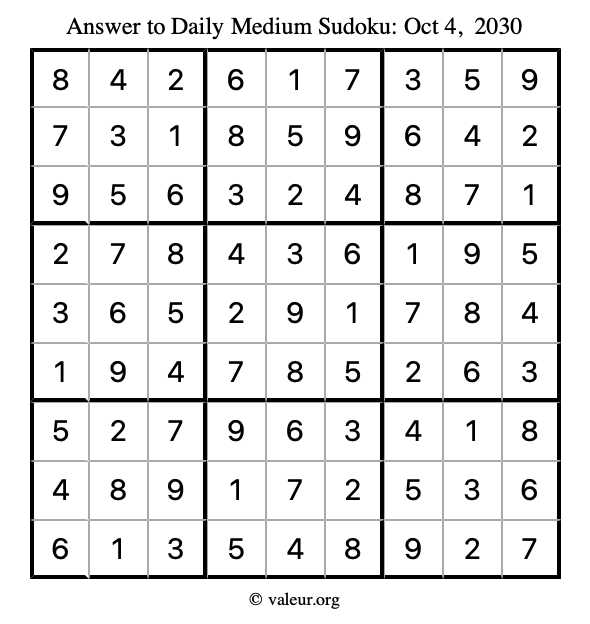 Answer to medium sudoku October 4, 2030