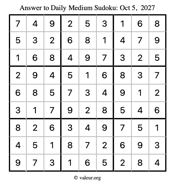 Answer to medium sudoku October 5, 2027