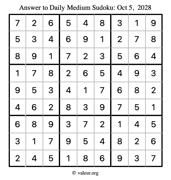 Answer to medium sudoku October 5, 2028