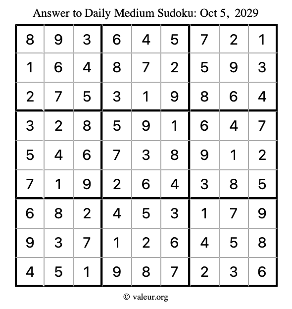 Answer to medium sudoku October 5, 2029