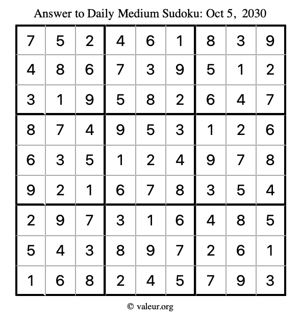 Answer to medium sudoku October 5, 2030
