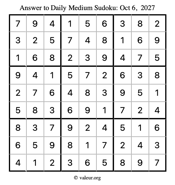 Answer to medium sudoku October 6, 2027