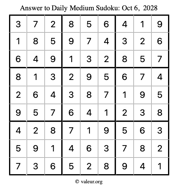 Answer to medium sudoku October 6, 2028
