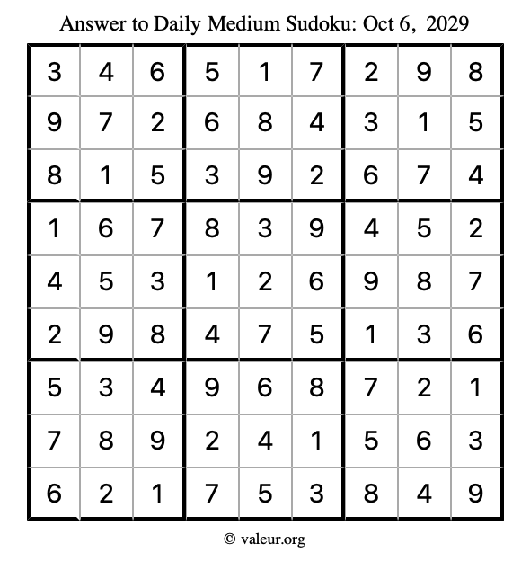 Answer to medium sudoku October 6, 2029