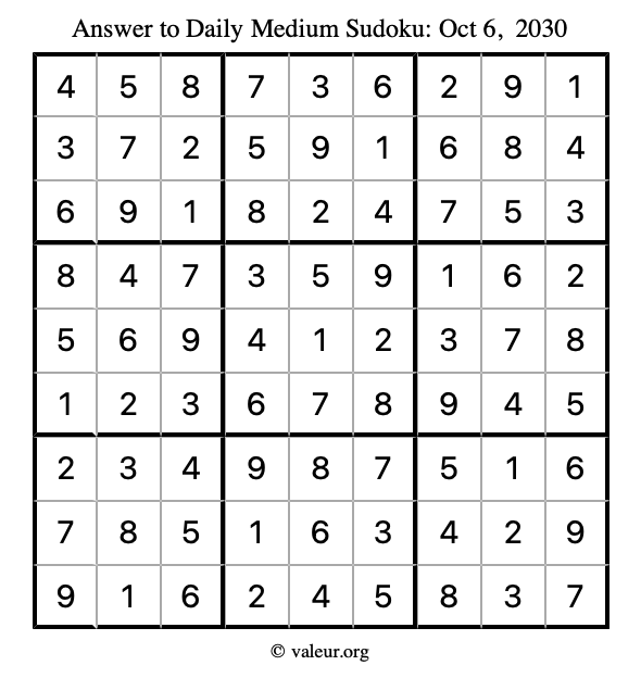 Answer to medium sudoku October 6, 2030