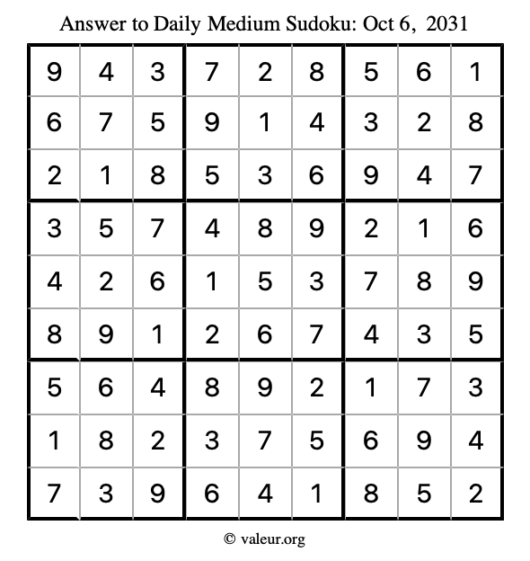 Answer to medium sudoku October 6, 2031