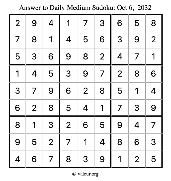Answer to medium sudoku October 6, 2032