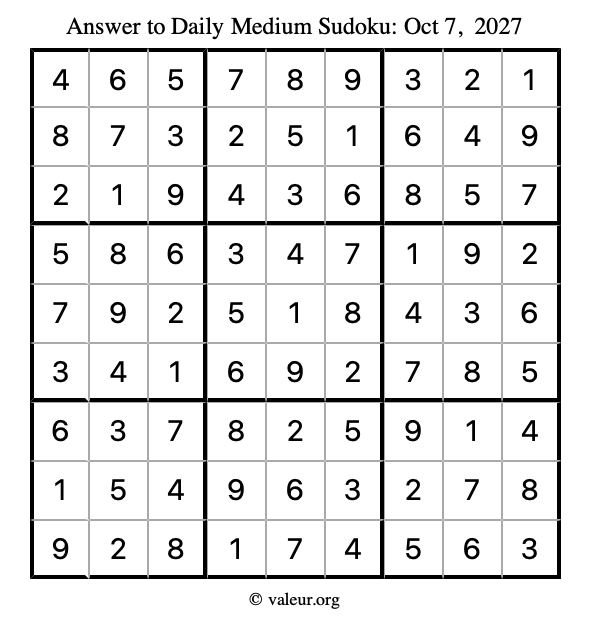 Answer to medium sudoku October 7, 2027