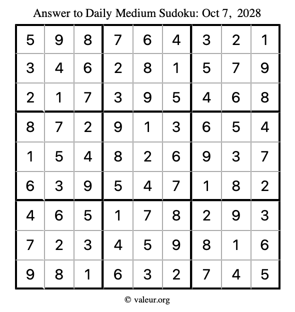 Answer to medium sudoku October 7, 2028