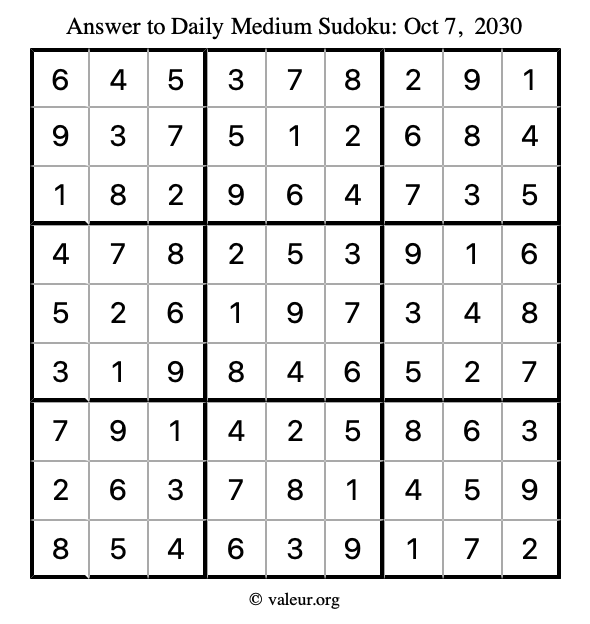 Answer to medium sudoku October 7, 2030