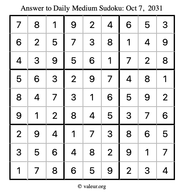 Answer to medium sudoku October 7, 2031