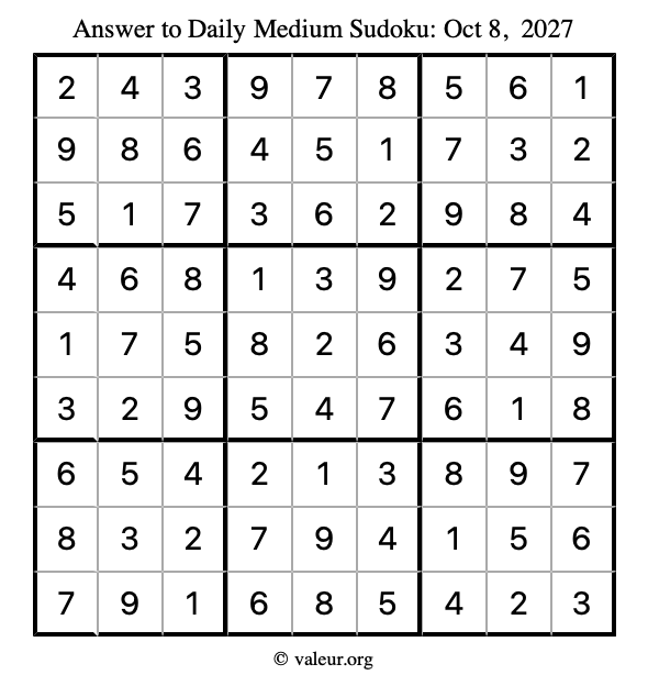 Answer to medium sudoku October 8, 2027