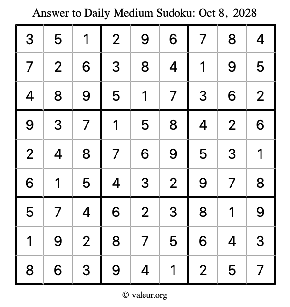 Answer to medium sudoku October 8, 2028