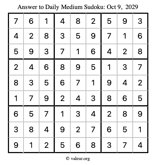 Answer to medium sudoku October 9, 2029
